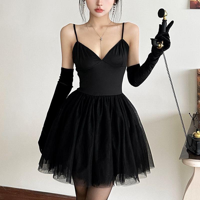 Spaghetti Strap V-Neck Plain Mini Tutu A-Line Dress Product Image