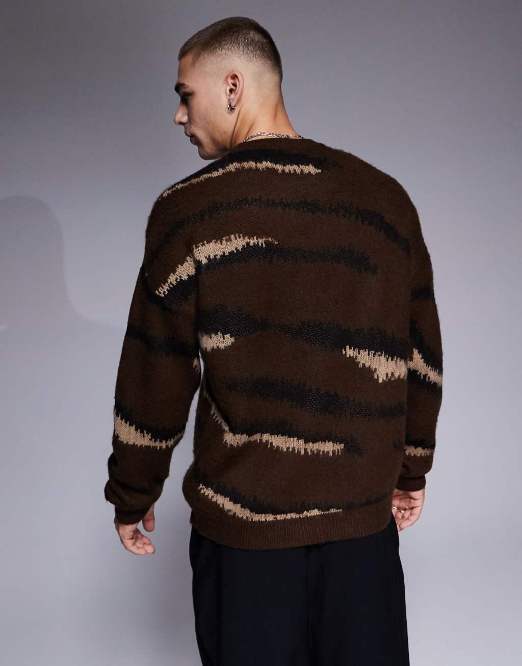ASOS DESIGN relaxed brushed knitted crew neck sweater with animal pattern in beige Product Image