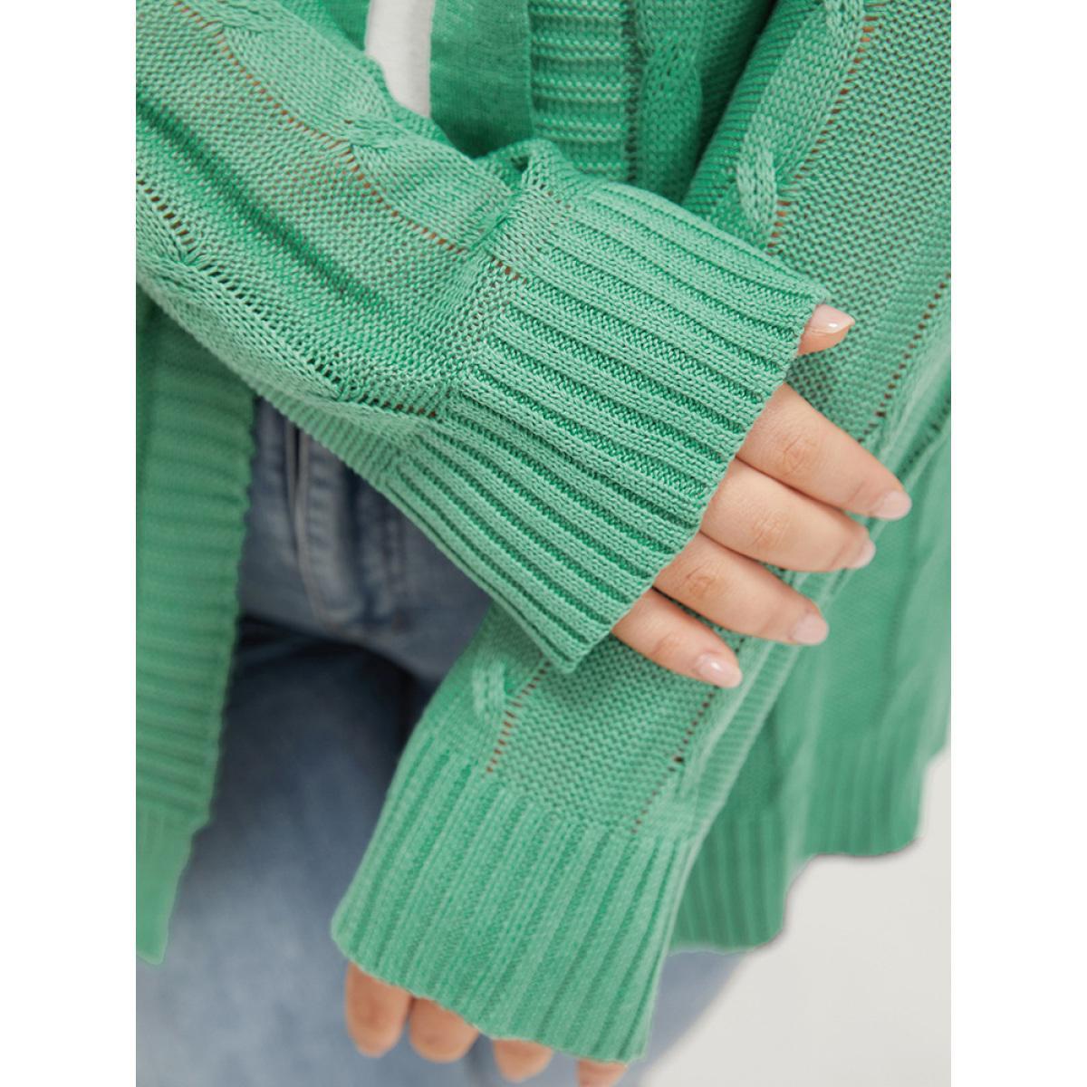 Plus Size Solid Ties Front Cable Knit Cardigan Green Women Casual Long Sleeve Dailywear Cardigans BloomChic 14-16/1X Product Image
