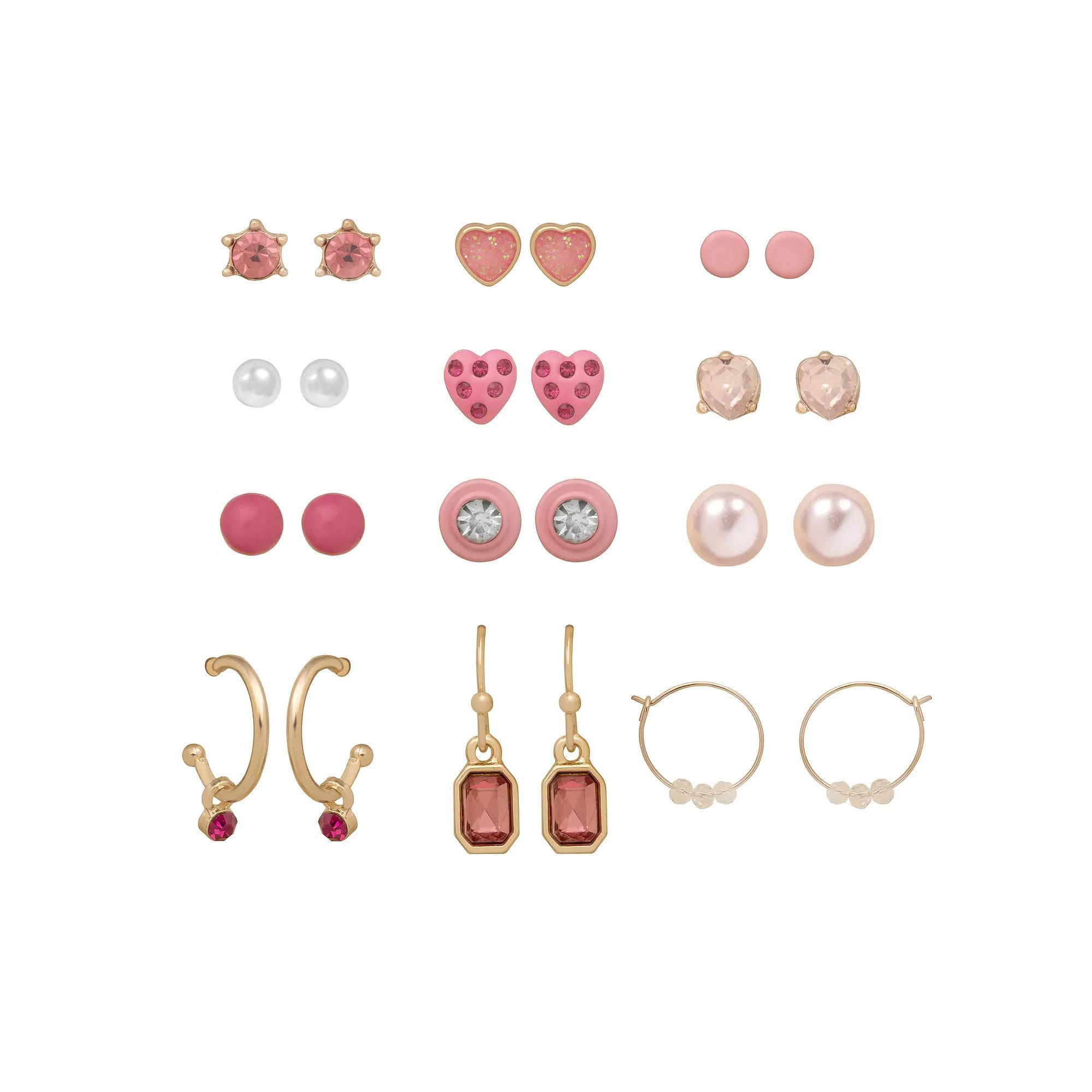 LC Lauren Conrad Bright Pink Earrings 12-Pair Pack, Women's Product Image