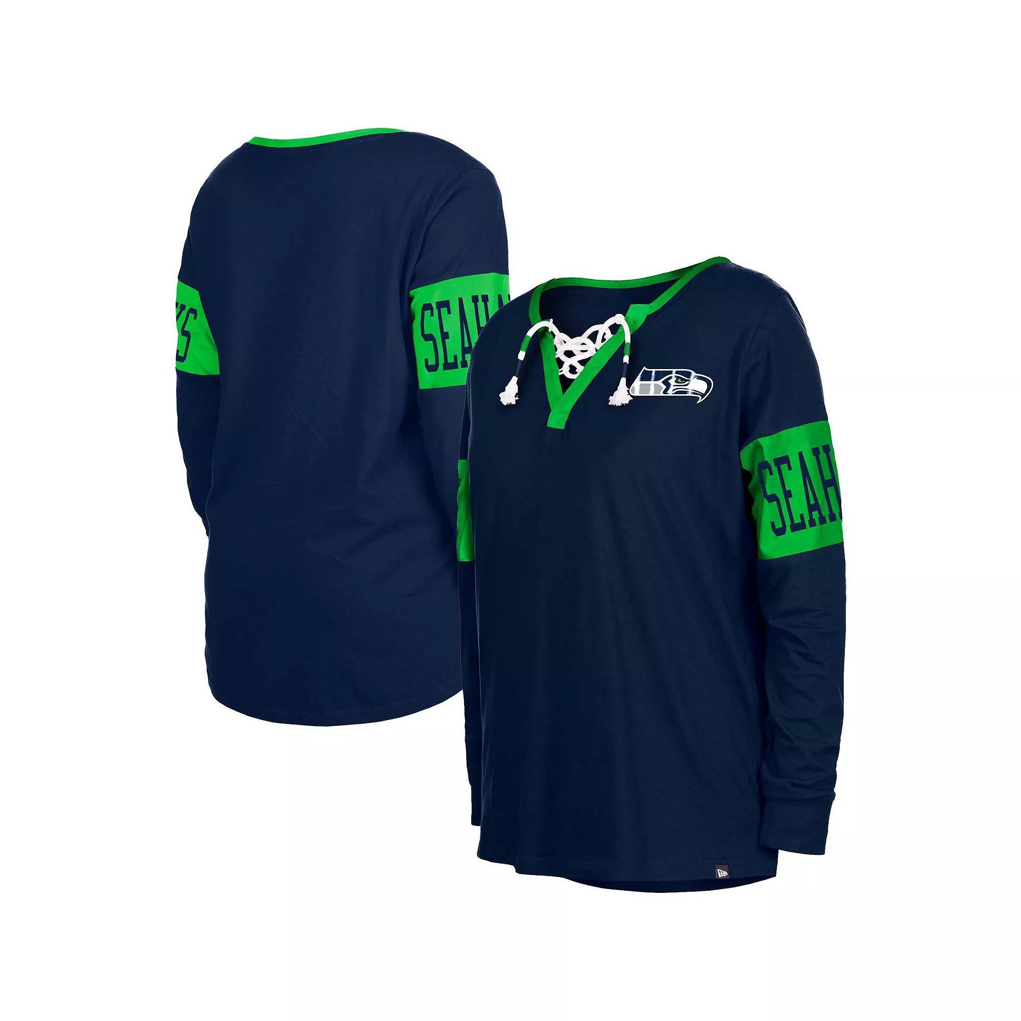 Women's New Era College Navy Seattle Seahawks Lace-Up Notch Neck Long Sleeve T-Shirt, Size: XS, Blue Product Image