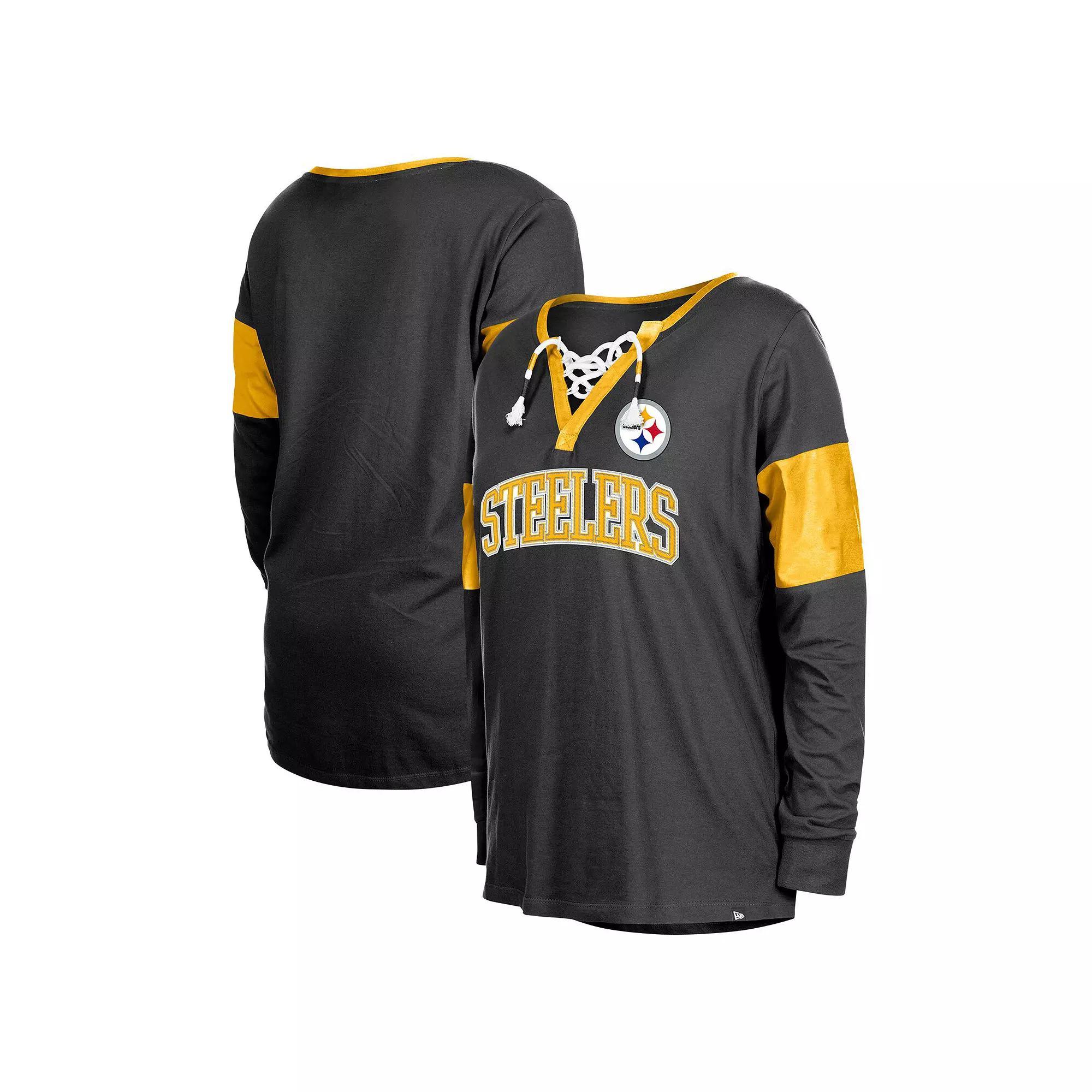 Women's New Era Black Pittsburgh Steelers Lace-Up Notch-Neck Long Sleeve T-Shirt, Size: XL Product Image