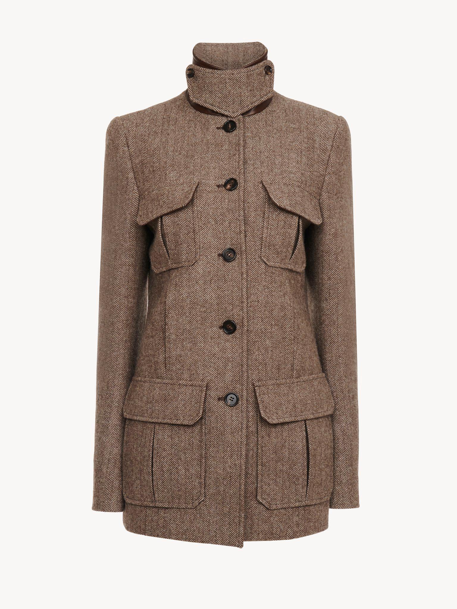 Long officer jacket in herringbone wool Product Image