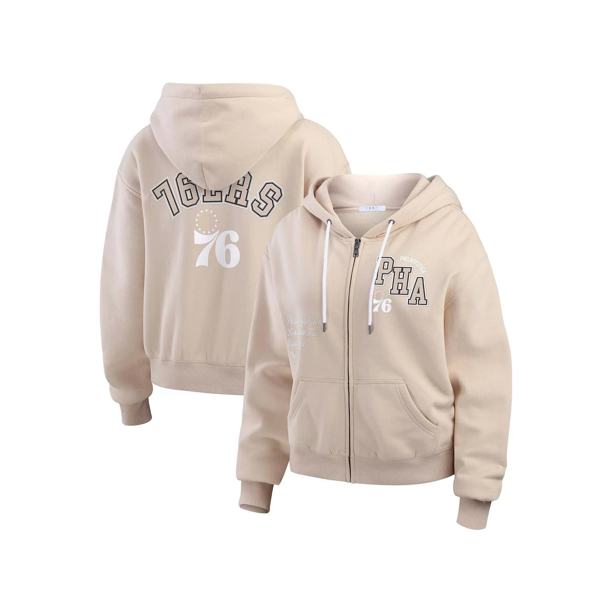 Women's WEAR by Erin Andrews Tan Philadelphia 76ers Tonal Felt Patch Full-Zip Hoodie, Size: XL, 76r Team Product Image