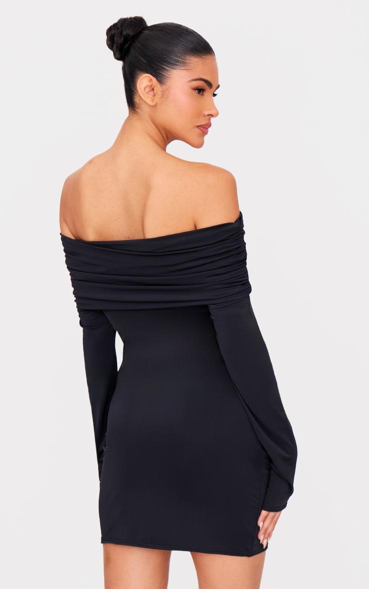 Black Matte Sculpt Double Layer Foldover Bardot Long Sleeve Mini Dress Product Image
