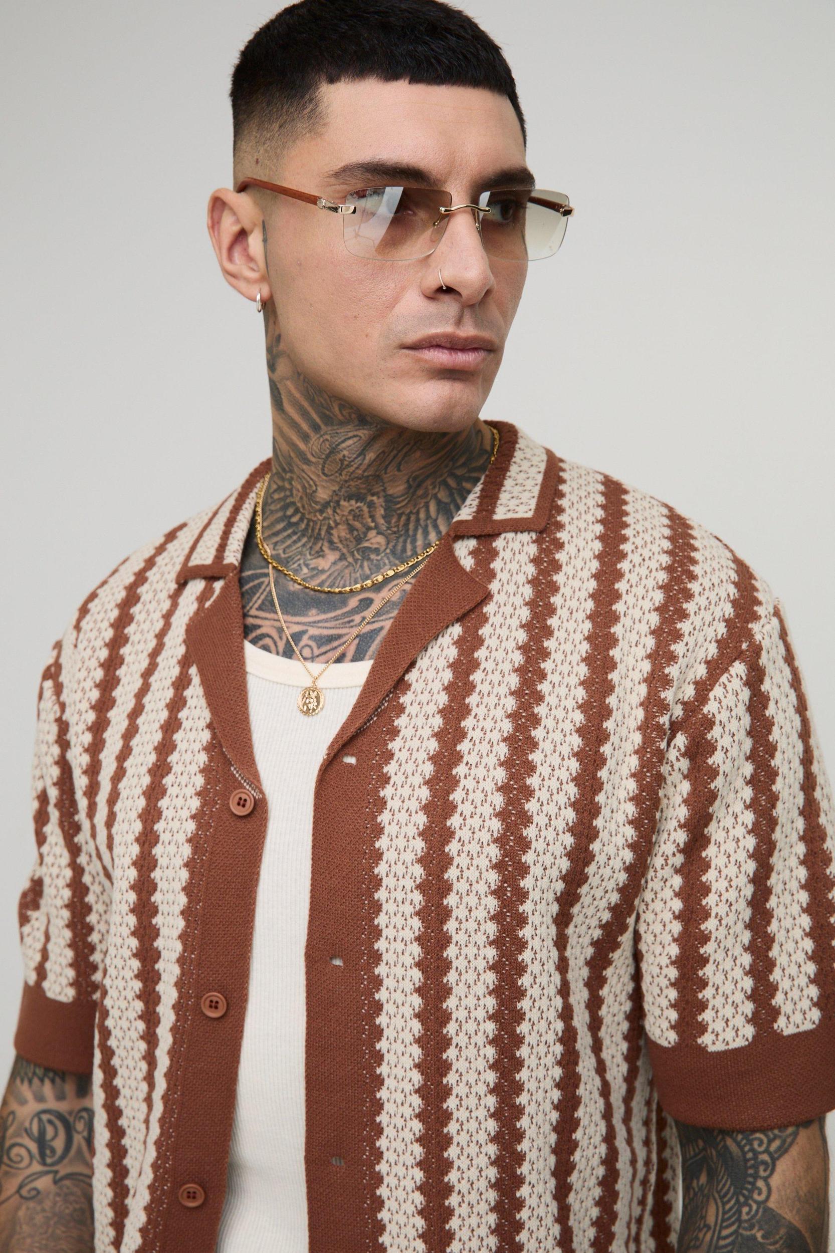 Tall Oversized Stripe Crochet Polo Shirt | boohooMAN USA Product Image