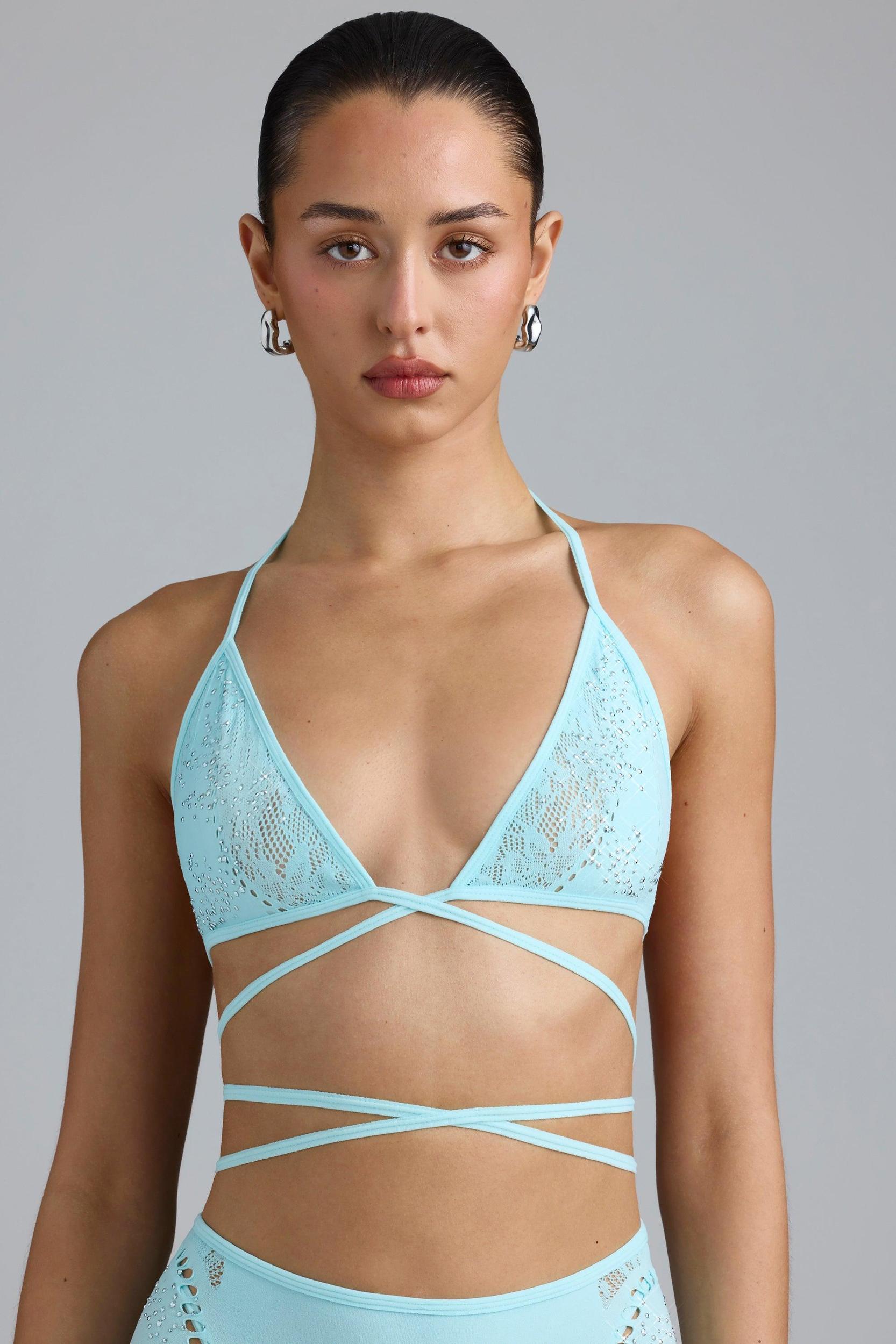 Embellished Cross-Strap Bikini Top in Ice Blue Product Image