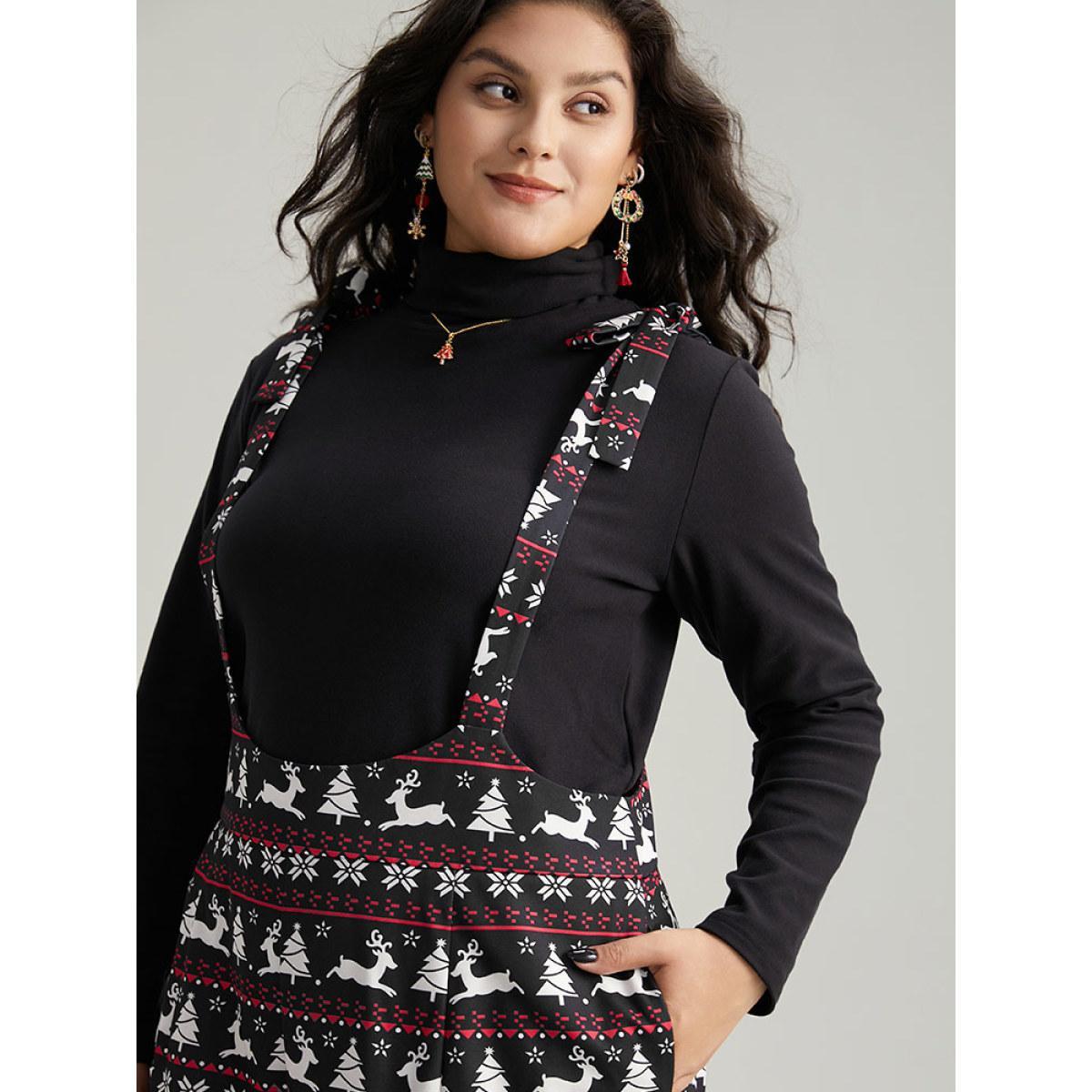 Plus Size Black Christmas Elk Print Elastic Waist Knot Jumpsuit Women Casual Sleeveless Spaghetti Strap Dailywear Loose Jumpsuits BloomChic 12/L Product Image
