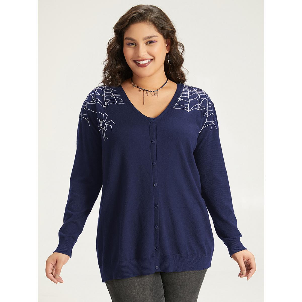 Plus Size Supersoft Essentials Halloween Spider Web Button Through Cardigan Indigo Women Casual Loose Long Sleeve Dailywear Cardigans BloomChic 22-24/3X Product Image