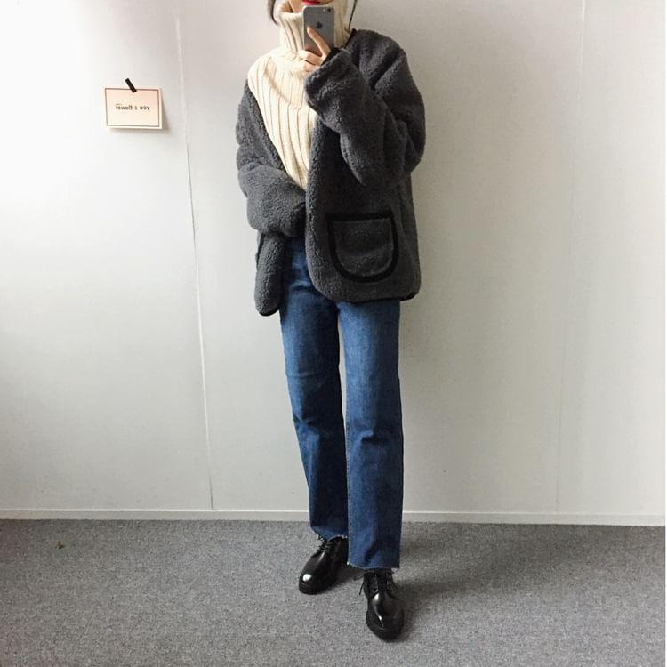 Turtleneck Plain Ribbed Side Slit Oversized Sweater Product Image