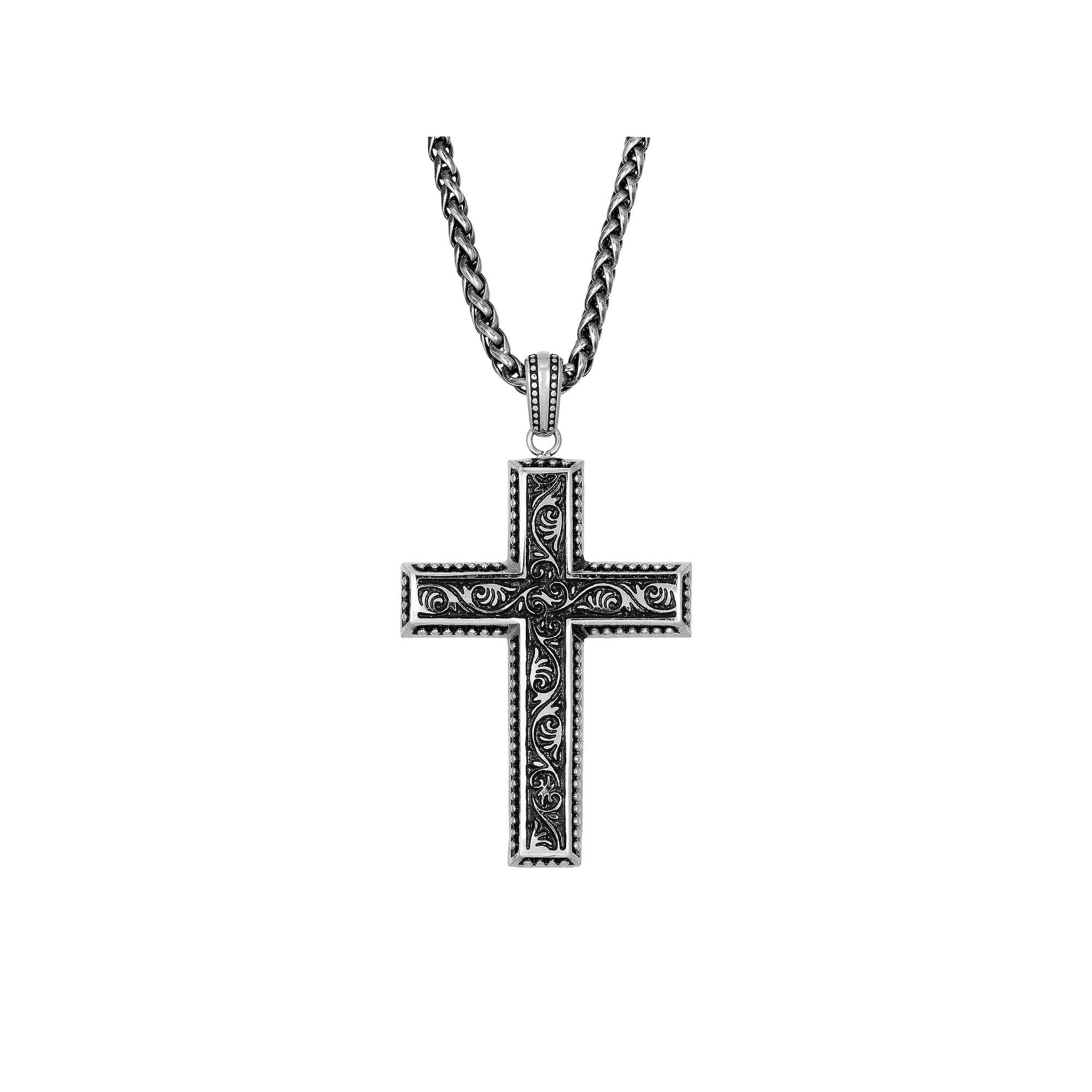 LYNX Stainless Steel Antique Finish Cross Men's Pendant, Size: 24" Product Image