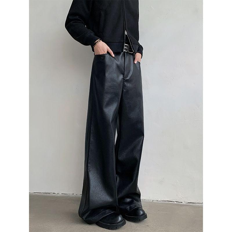 Mid Rise Plain Faux Leather Wide Leg Pants Product Image