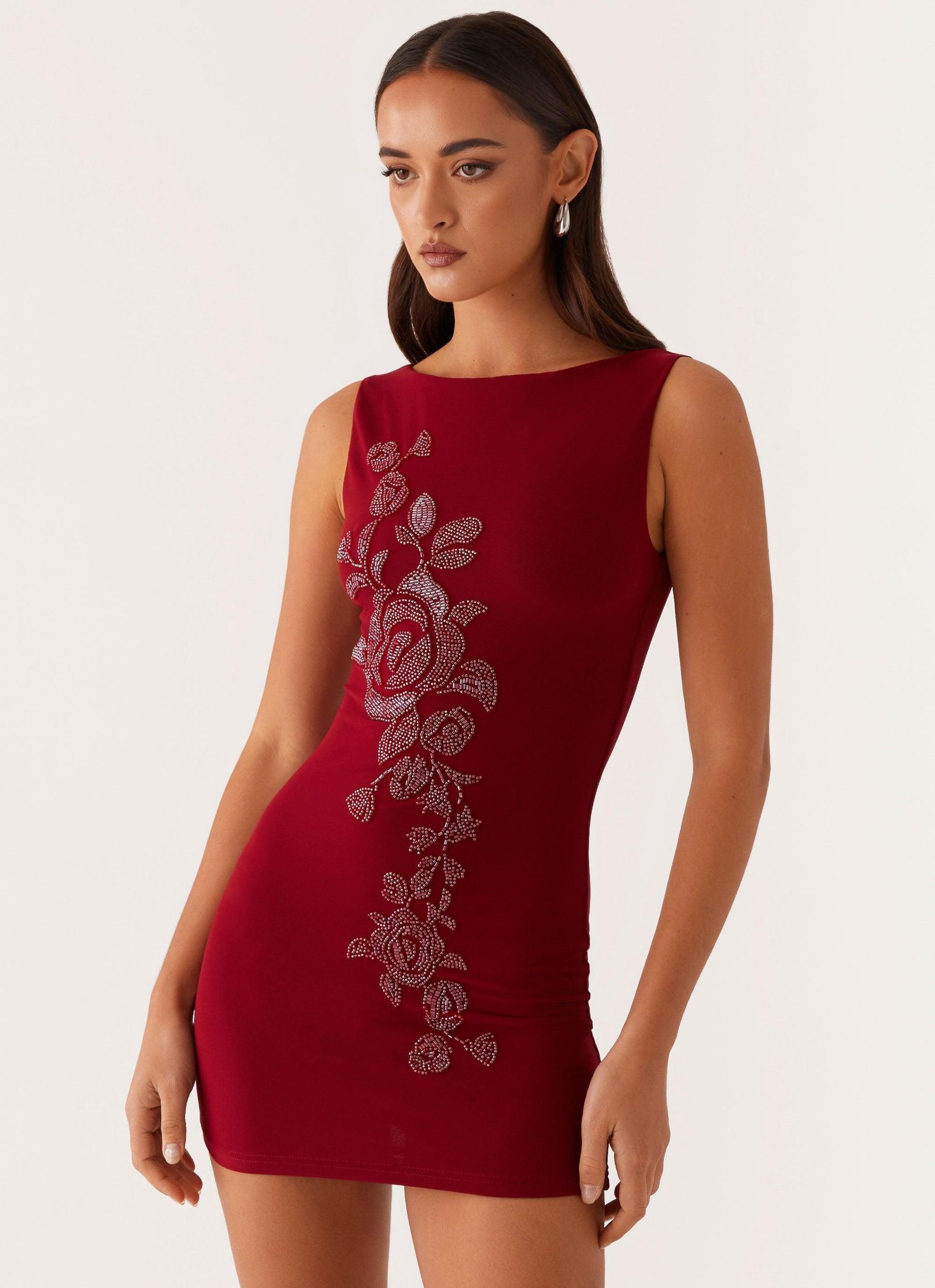 Matteo Beaded Mesh Mini Dress - Deep Red Product Image