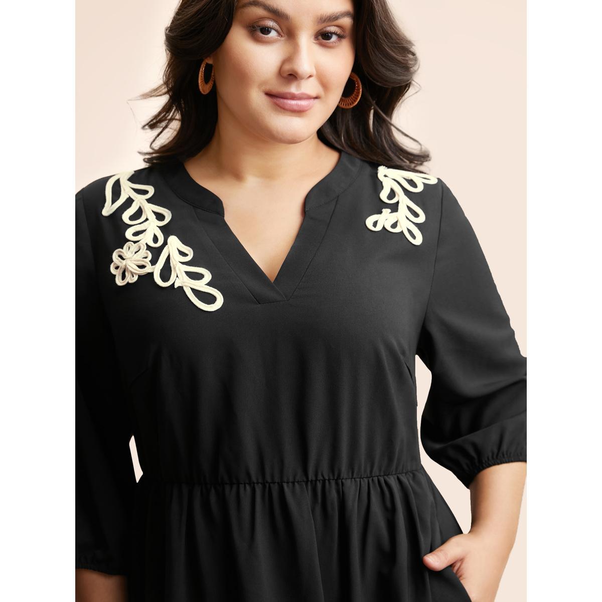 Plus Size Notched Stereo Flower Design Midi Dress Black Women Resort Woven ribbon&lace trim Notched collar Elbow-length sleeve Curvy BloomChic 14-16/1X Product Image