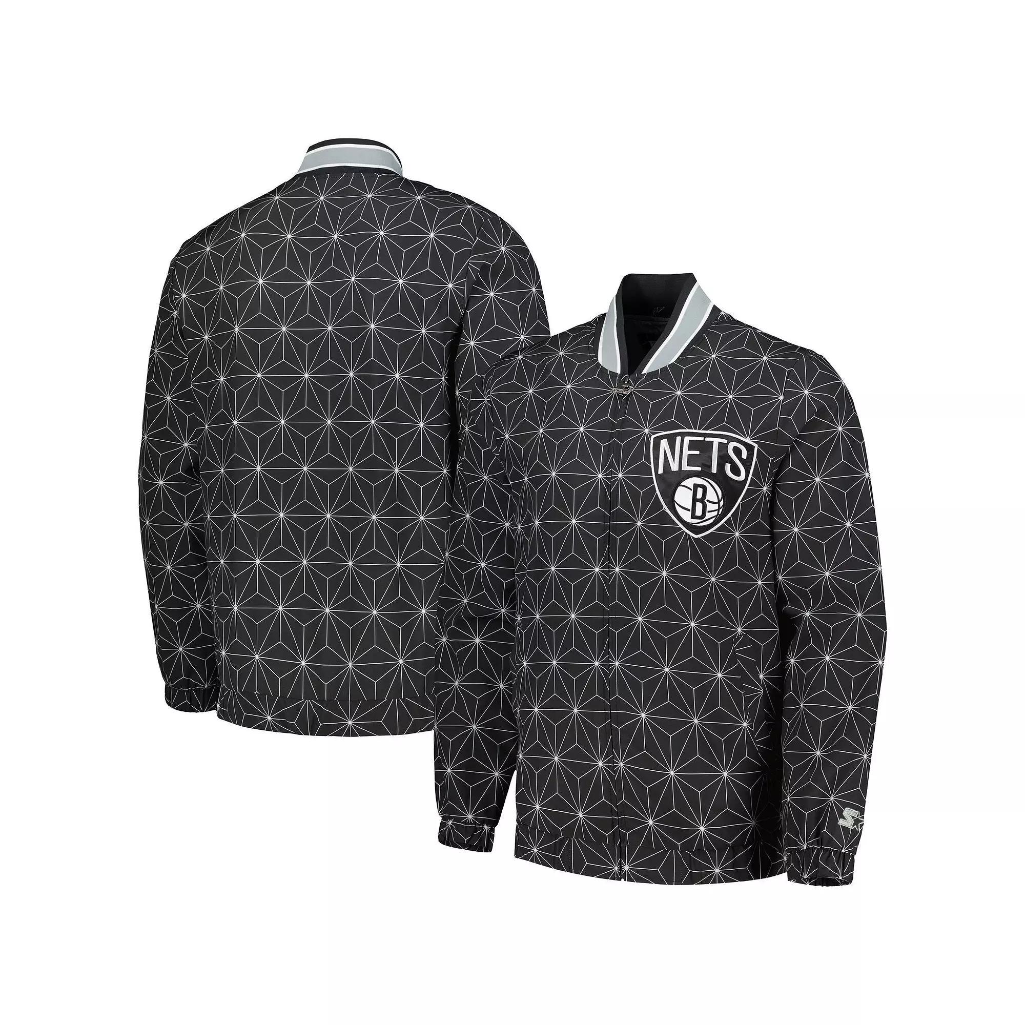 Men's Starter Black Brooklyn Nets In-Field Play Fashion Satin Full-Zip Varsity Jacket, Size: Large Product Image