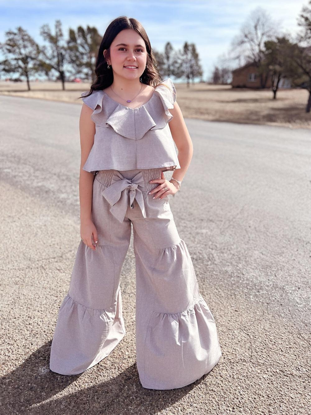 Oatmeal Smocking Waist Tier Wide Leg Pants Product Image