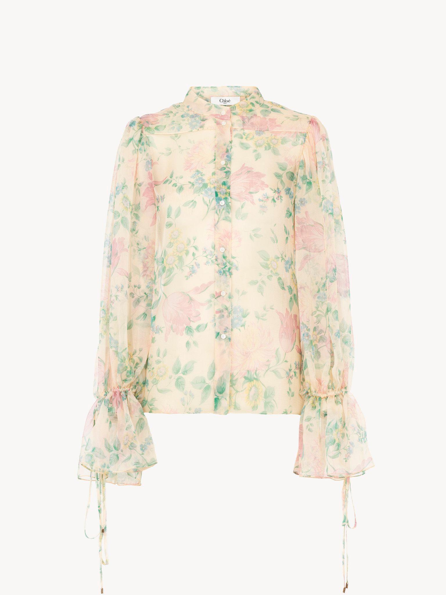 Puff-sleeve blouse in silk mousseline Product Image