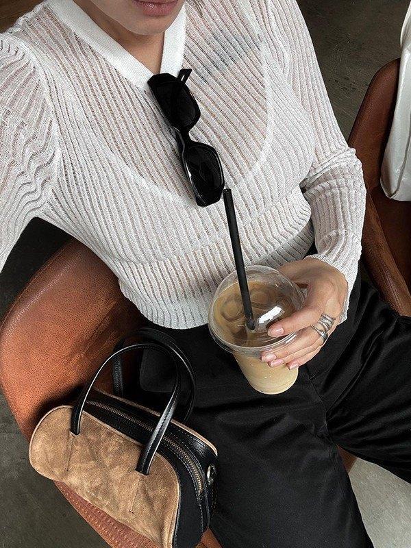 See Through Long Sleeve Ribbed Knit Top Product Image