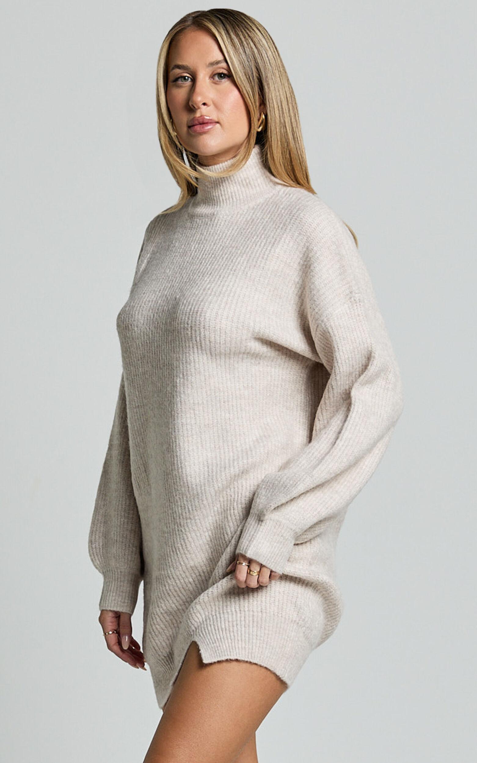 Tianna Mini Dress - Knitted Side Split Jumper Dress in Beige Marl Product Image