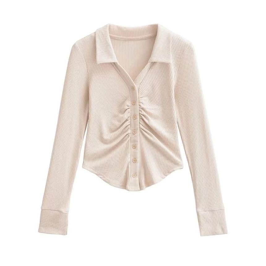 Long-Sleeve Twisted Plain Crop Shirt Product Image