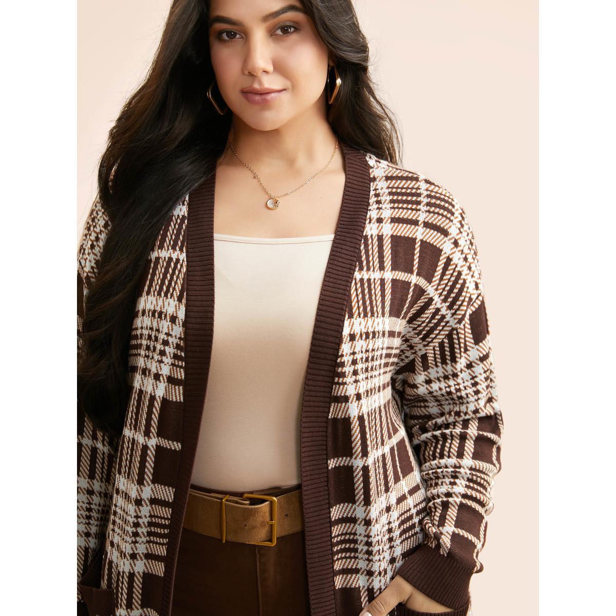 Plus Size Plaid Open Front Patch Pocket Cardigan DarkBrown Women Casual Loose Long Sleeve Everyday Cardigans BloomChic 26/4X Product Image
