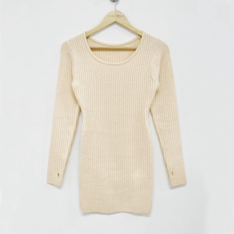 Long-Sleeve Scoop Neck Plain Ribbed Knit Mini Sheath Dress Product Image