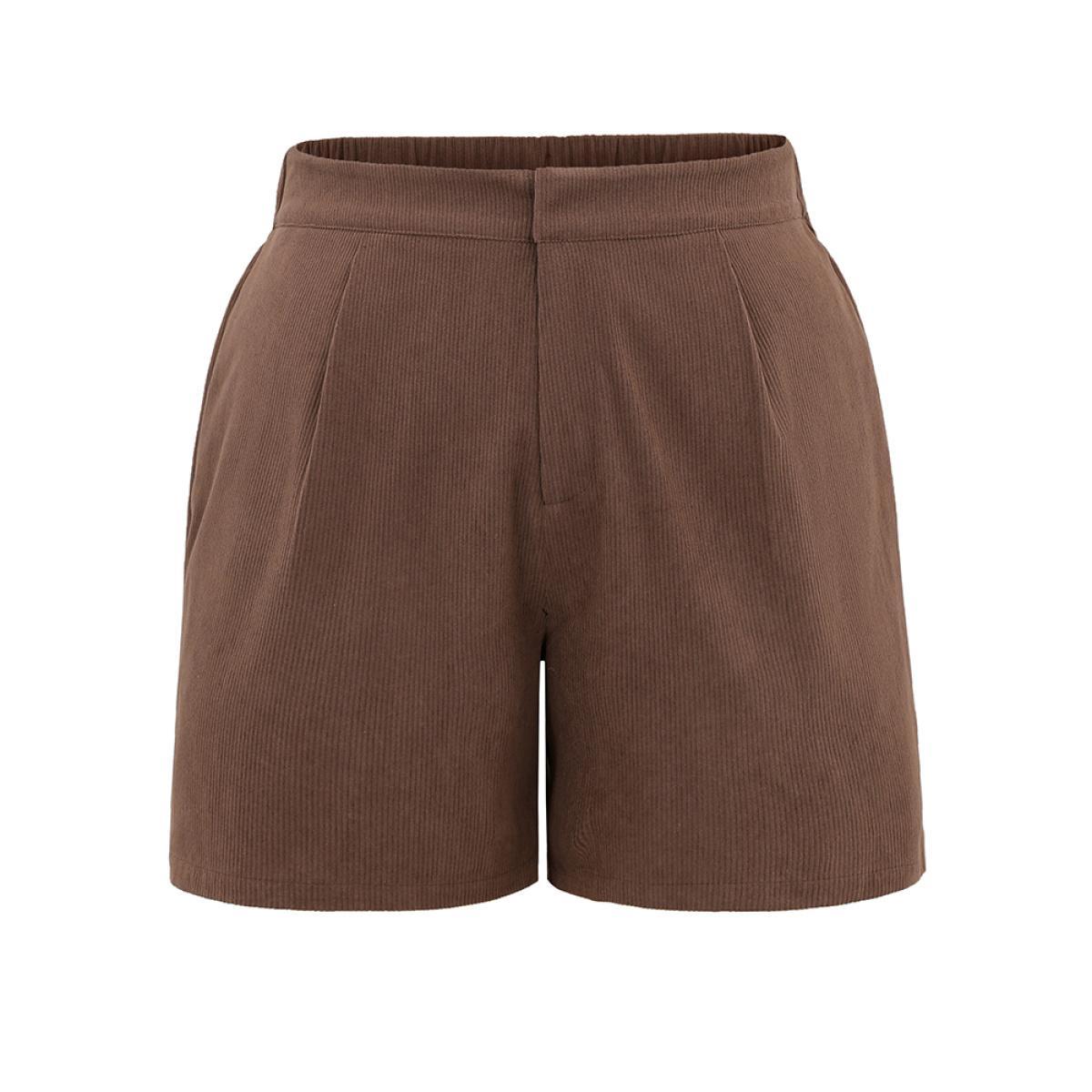 Plus Size Solid Corduroy Plicated Detail Shorts Women DarkBrown Office Texture Work Shorts BloomChic 26/4X Product Image