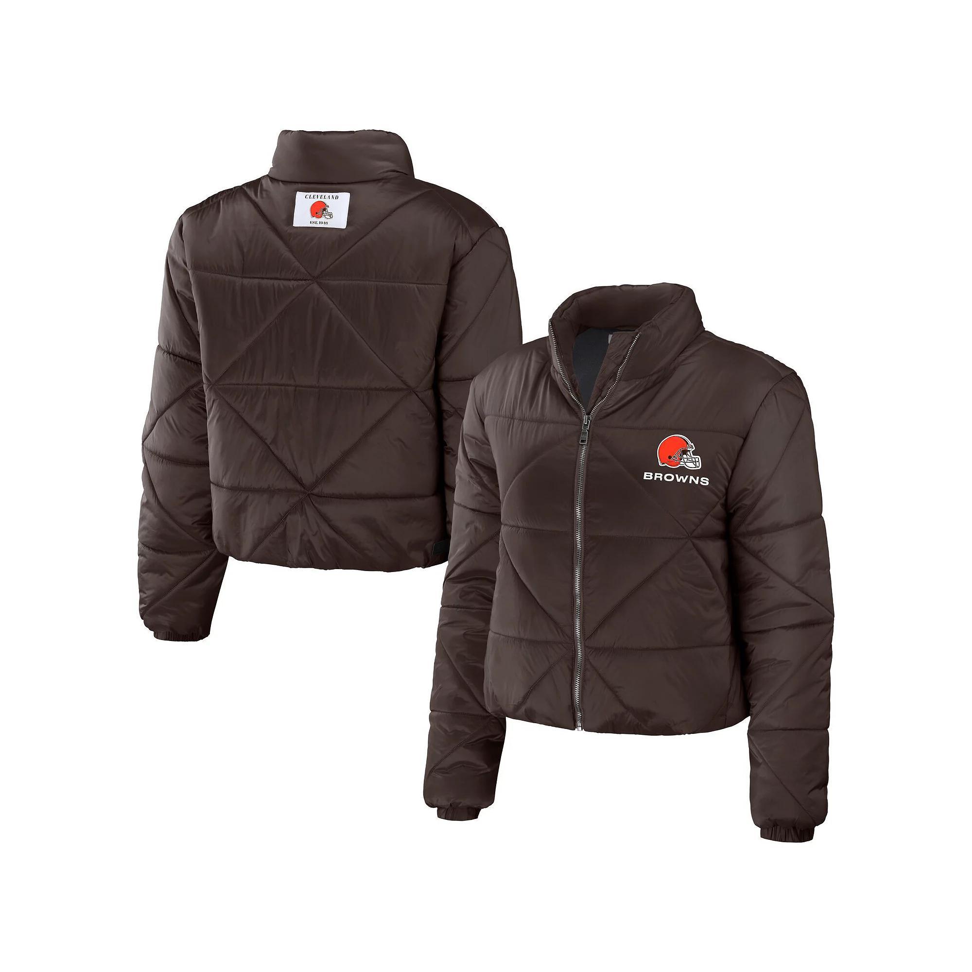 Women's WEAR by Erin Andrews  Brown Cleveland Browns Cropped Puffer Full-Zip Jacket, Size: XL Product Image