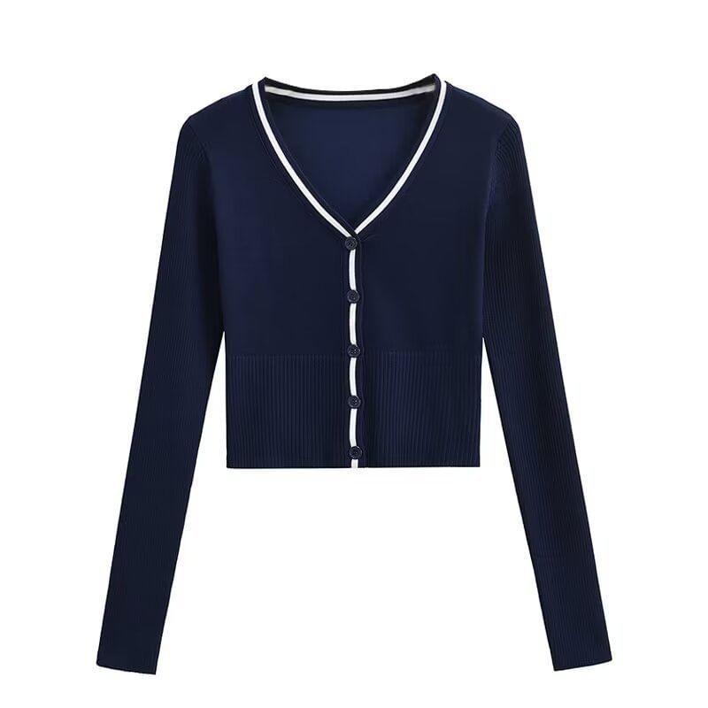 V-Neck Contrast Trim Button-Up Cardigan Product Image