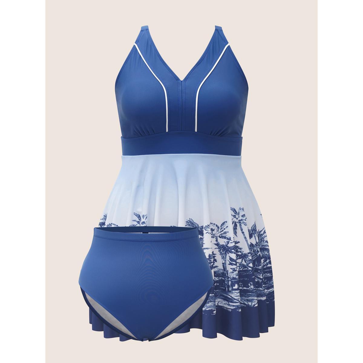 Plus Size V Neck Tropical Print Contrast Swim Dress Women's Swimwear Cerulean Beach Bodycon V-neck High stretch Curve Swim Dresses BloomChic 30/6X Product Image