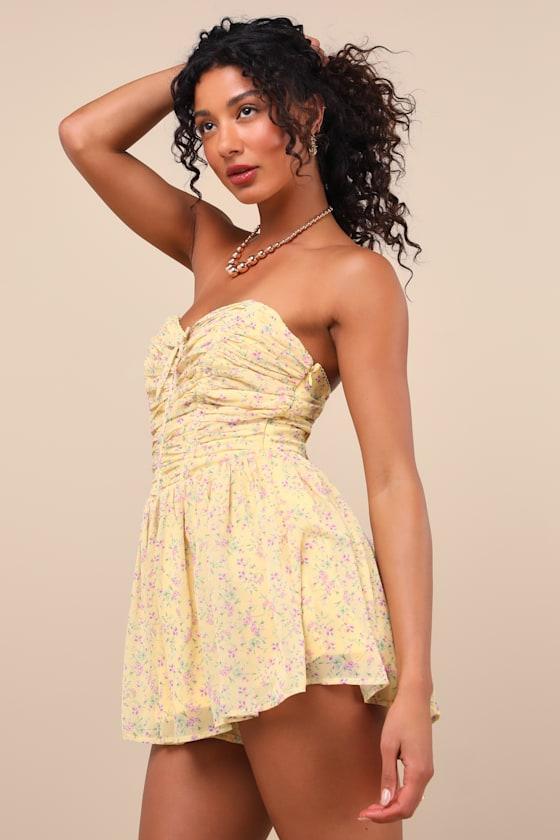 Marinella Yellow Floral Ruched Strapless Romper Product Image