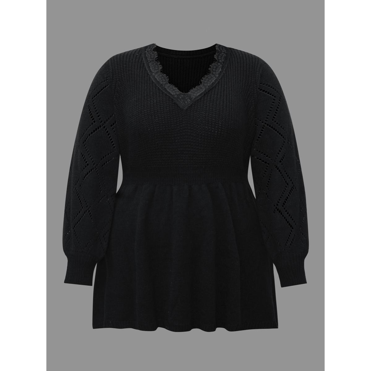 Plus Size V Neck Lace Panel Lantern Sleeve Pullover Black Women Casual Bodycon Long Sleeve V-neck Everyday Pullovers BloomChic 10/M Product Image