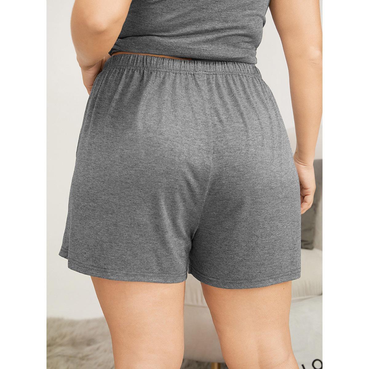 Plus Size Solid Guipure Lace Pocket Sleep Shorts Women DimGray Elegant Plain Lace Shoulderless Pocket Loungewear BloomChic 12/L Product Image