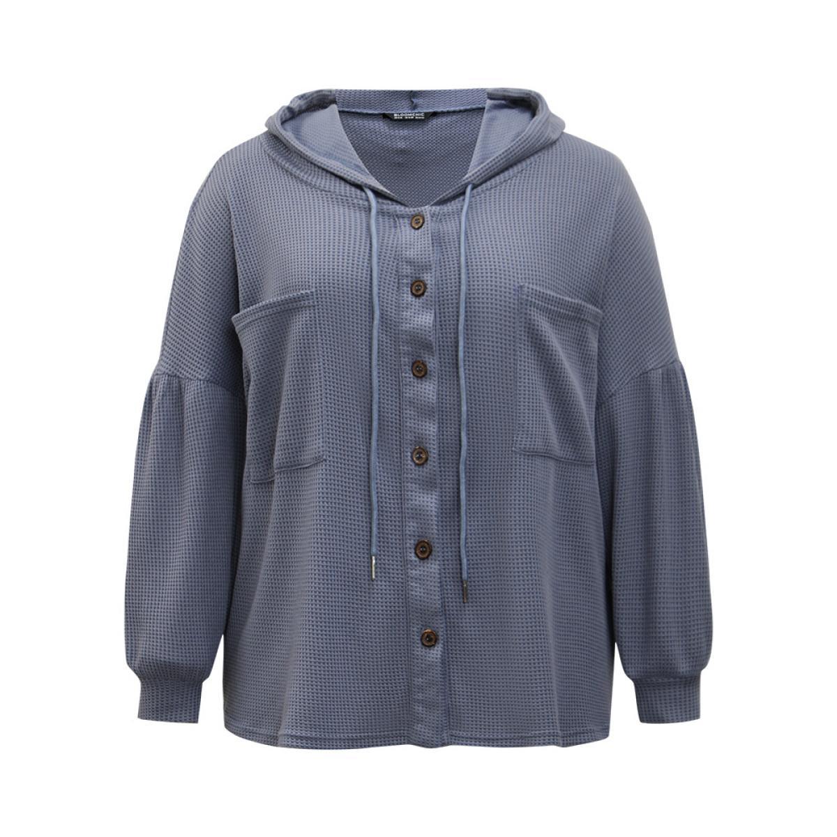 Plus Size Plain Texture Pocket Button Through Drawstring Hooded Jacket Women Stone Texture Pocket Dailywear Jackets BloomChic 30/6X Product Image