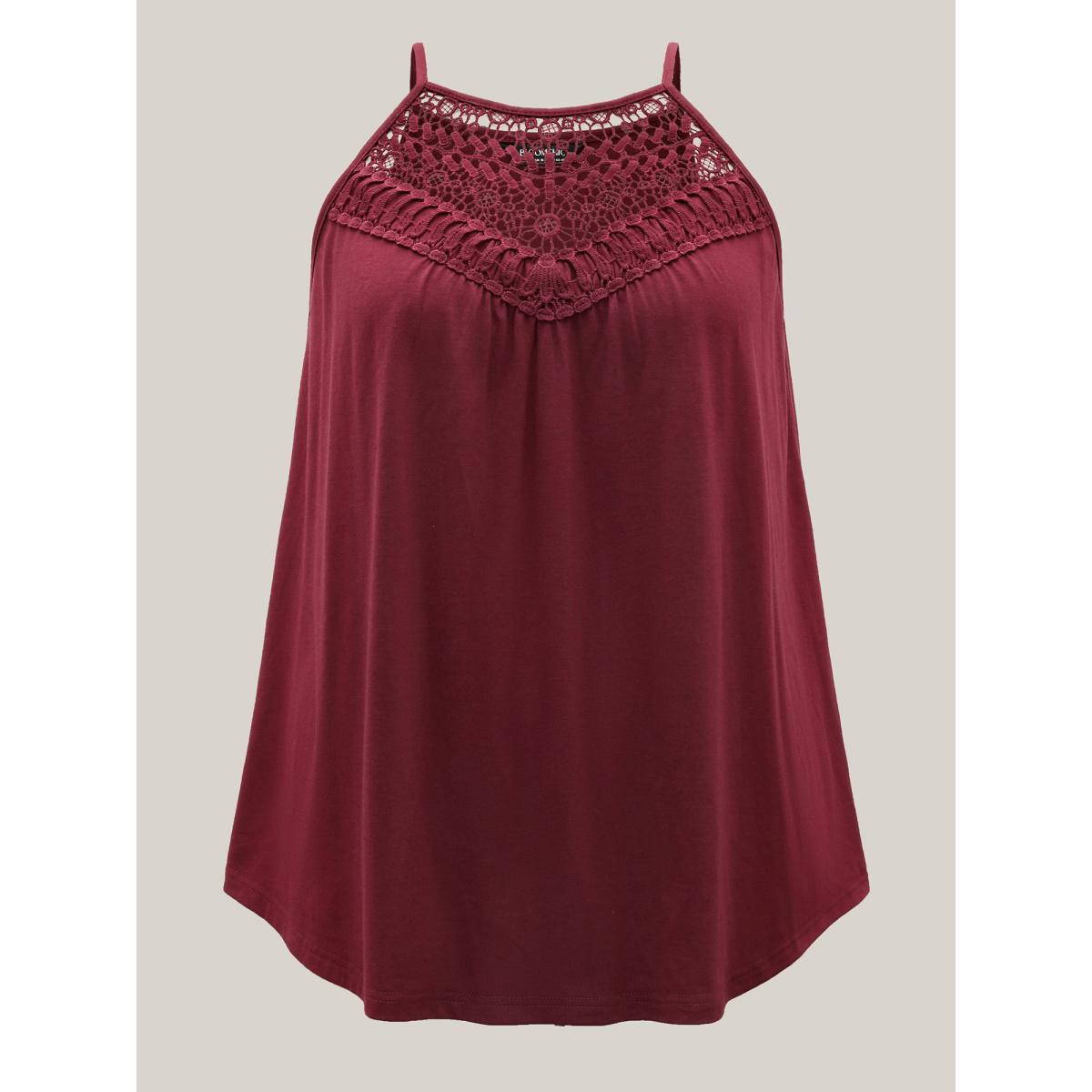 Plus Size Lace Cut-Out Pleated Tank Top Women Deepred Woven ribbon&lace trim Halter neck Everyday-Casual Tank Tops Camis BloomChic 30/6X Product Image