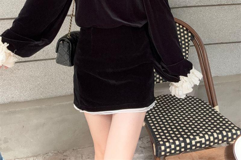 Long Sleeve Off Shoulder Two Tone Ruffle Panel Velvet Top / High Waist Mini A-Line Skirt Product Image
