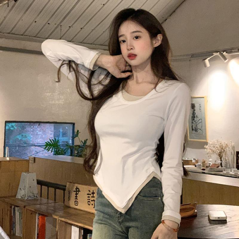 Long-Sleeve Scoop Neck Mock Two Piece Slit Tee Product Image