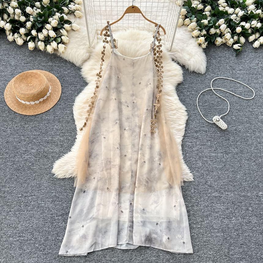 Spaghetti Strap Scoop Neck Fringed Open Back Maxi Tunic Dress Product Image