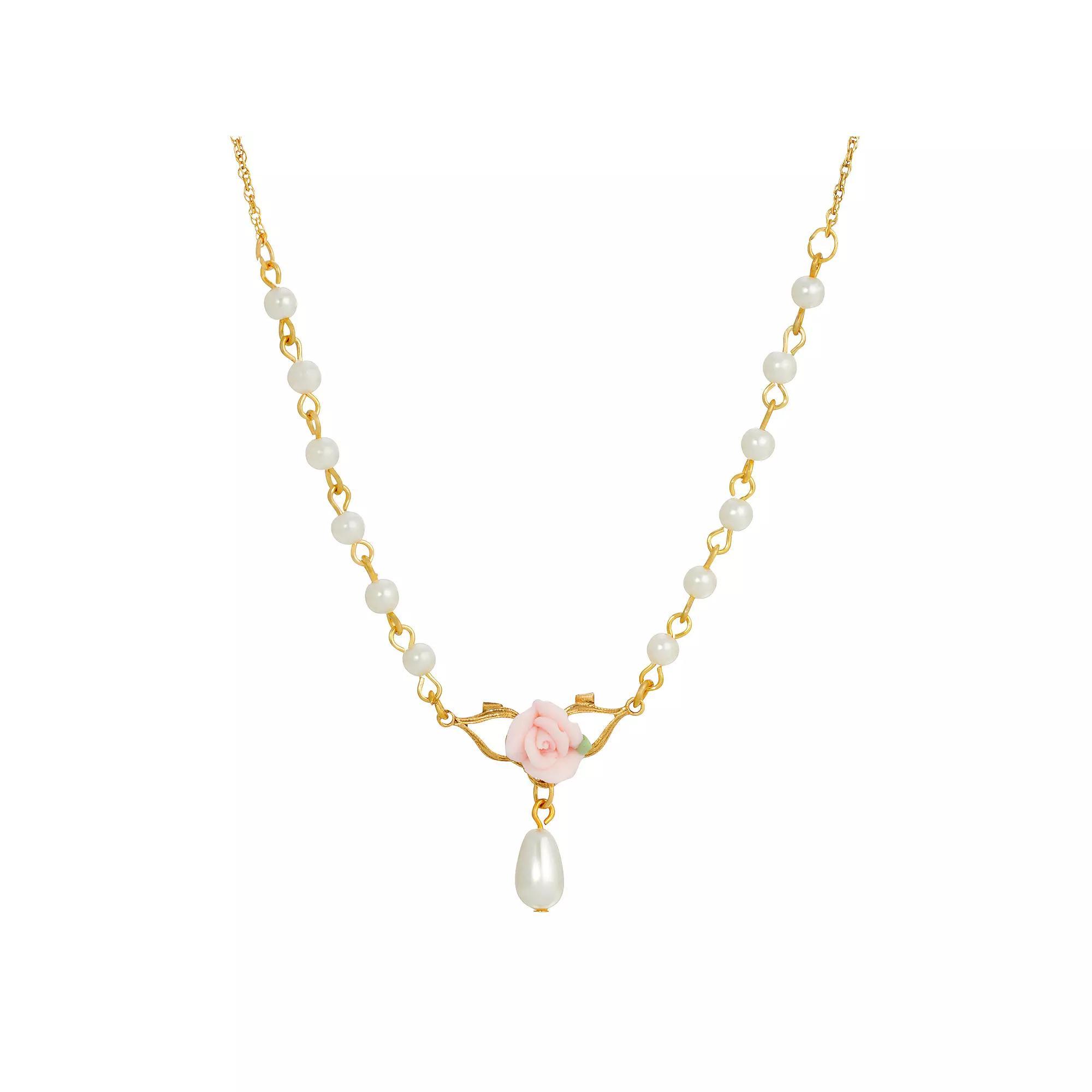 1928 Gold Tone Simulated Pearl Porcelain Rose Y-Necklace, Women's, Pink Product Image