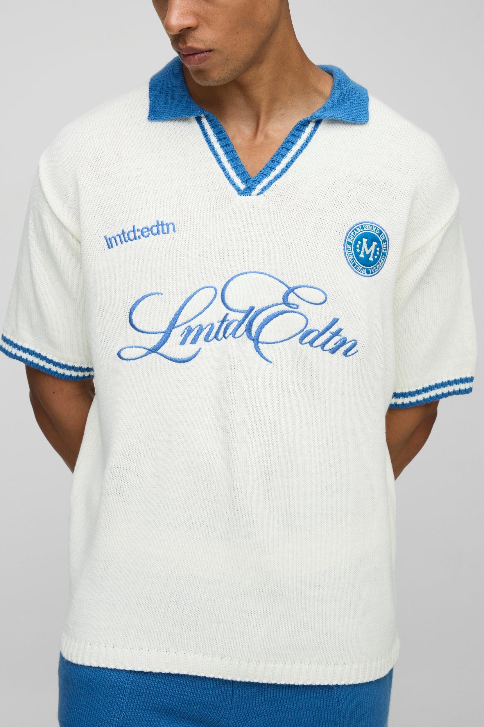 Oversized V Neck Limited Edition Short Sleeve Knitted Polo | boohooMAN USA Product Image
