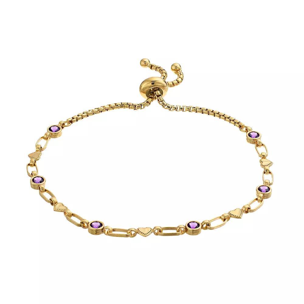 Kristen Kesho Sterling Silver Lab-Created Amethyst & Heart Link Adjustable Bolo Bracelet, Women's, Size: 9.50 Product Image