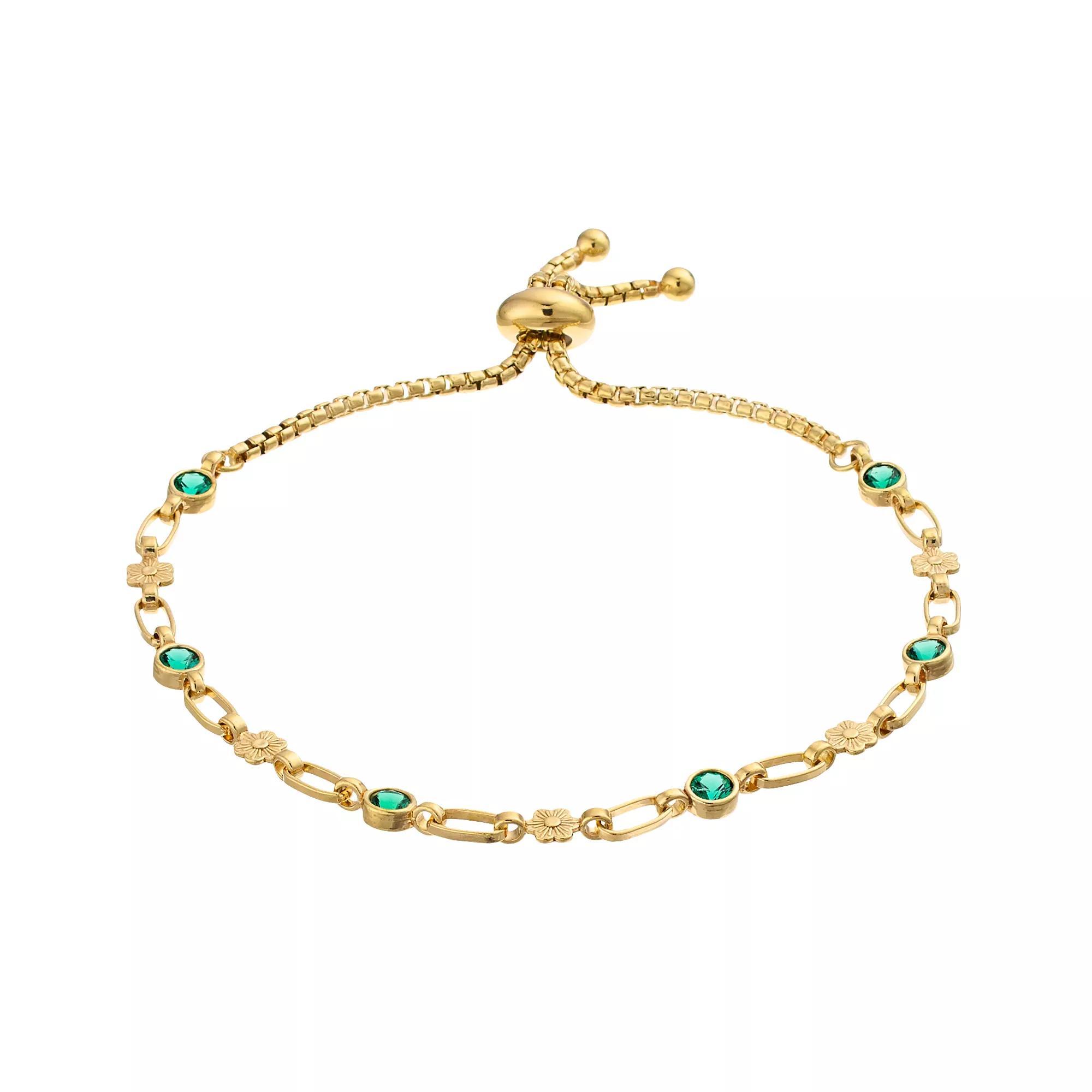 Kristen Kesho Sterling Silver Lab-Created Emerald & Flower Link Adjustable Bolo Bracelet, Women's, Size: 9.50, Gold Tone Product Image