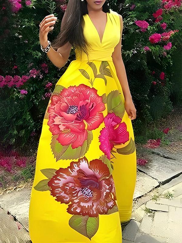 A-Line Sleeveless Flower Print Split-Joint V-Neck Maxi Dresses Product Image