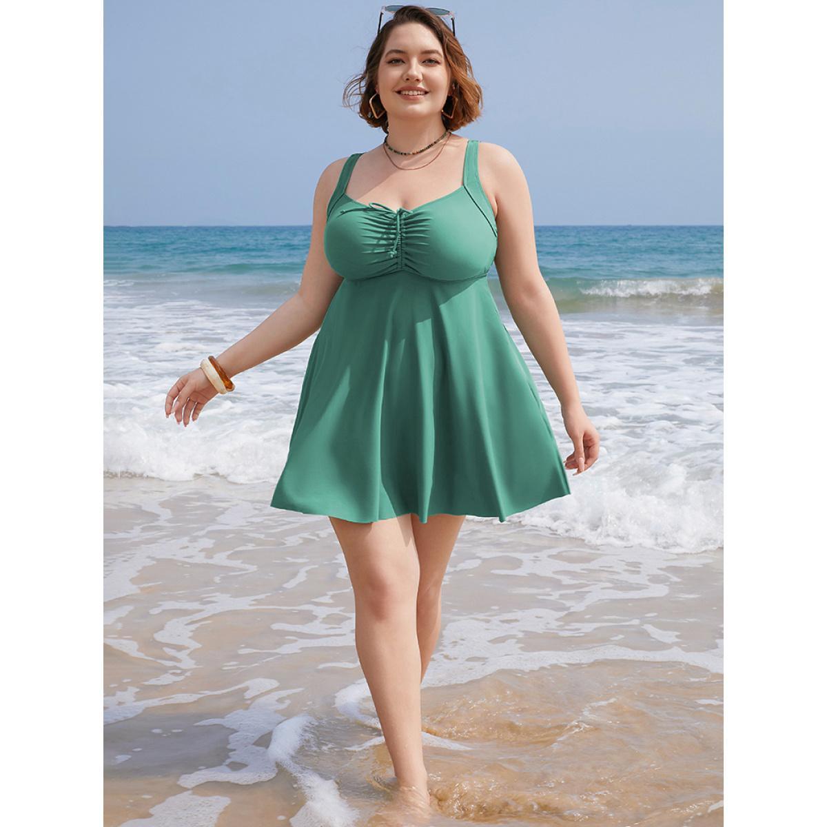 Plus Size Ruched Drawstring Flutter Hem Swim Dress Women's Swimwear Emerald Vacation Bodycon High stretch Curve Swim Dresses BloomChic 12/L Product Image