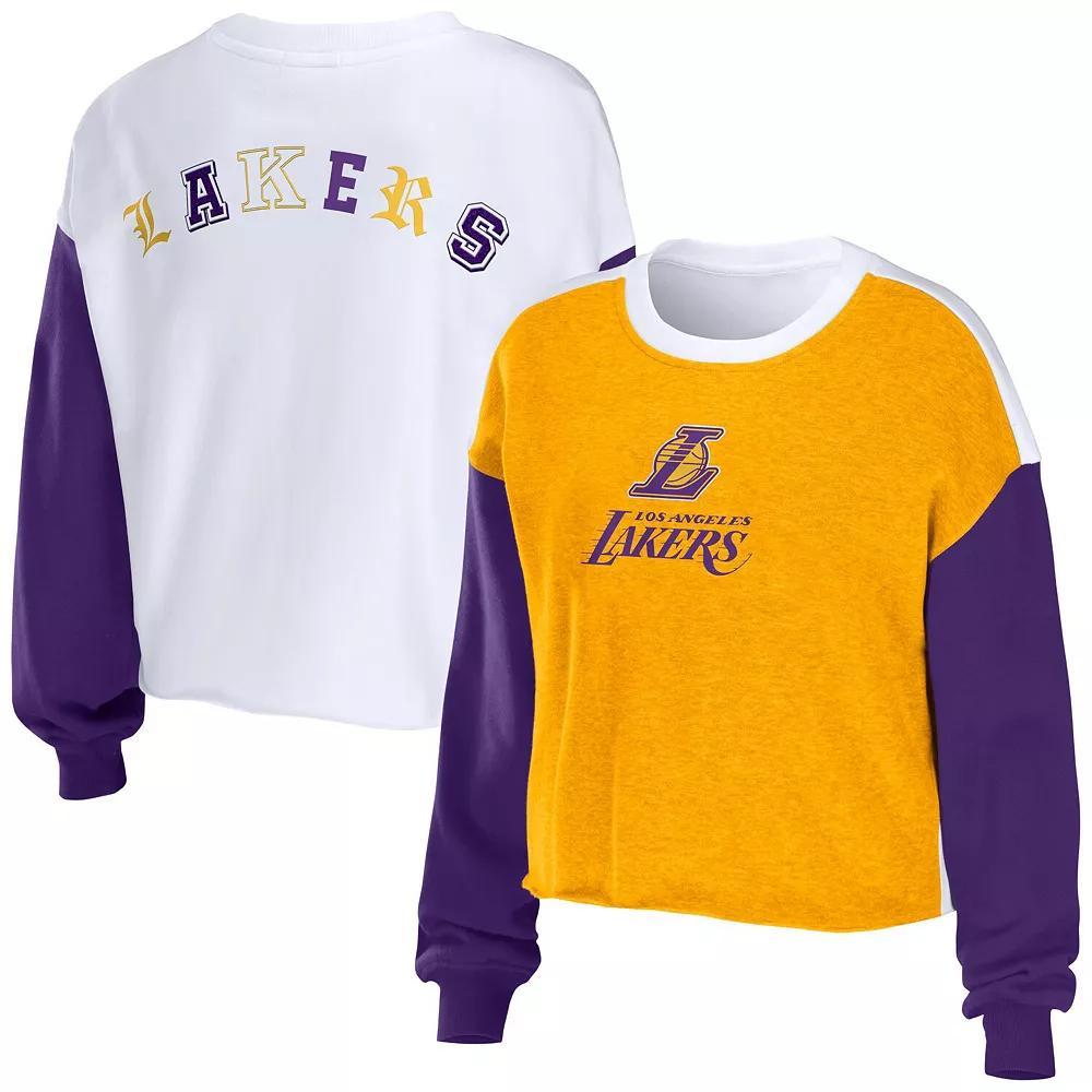 Women's WEAR by Erin Andrews Heather Gold Los Angeles Lakers Mixed Letter Cropped Pullover Sweatshirt, Size: Medium Product Image