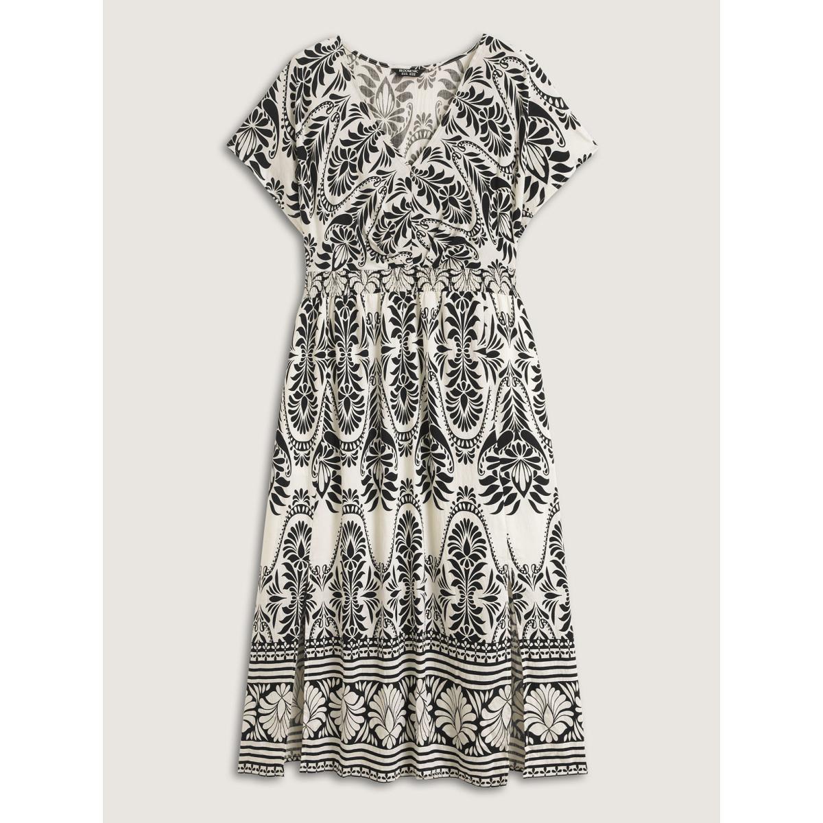 Plus Size Floral Print Shirred Waist Midi Dress Black Women Shirred V-neck Short sleeve Curvy BloomChic 18-20/2X Product Image