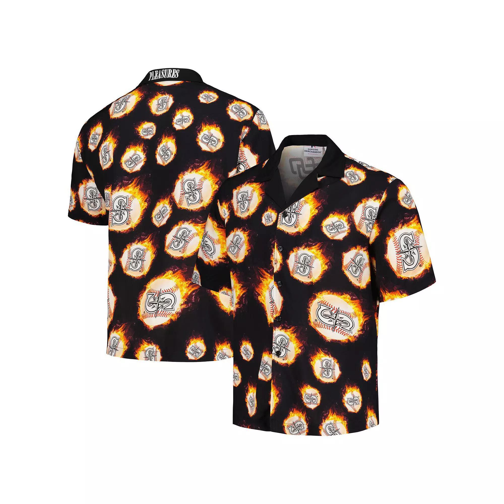 Men's Black Seattle Mariners Flame Fireball Button-Up Shirt, Size: Small Product Image