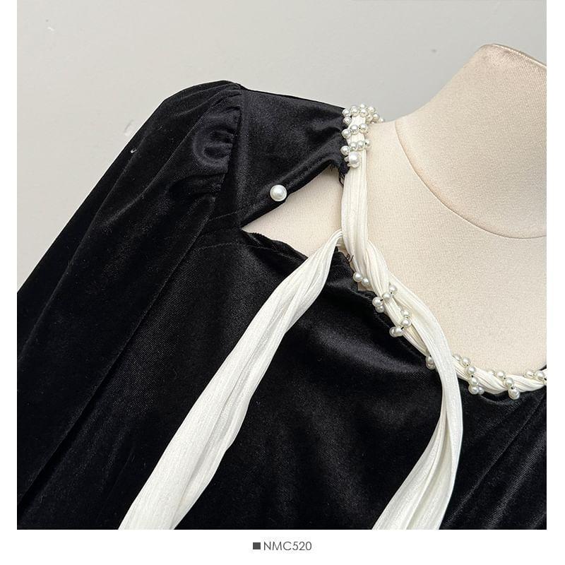 Tie-Neckline Velvet A-Line Dress with Sash Product Image