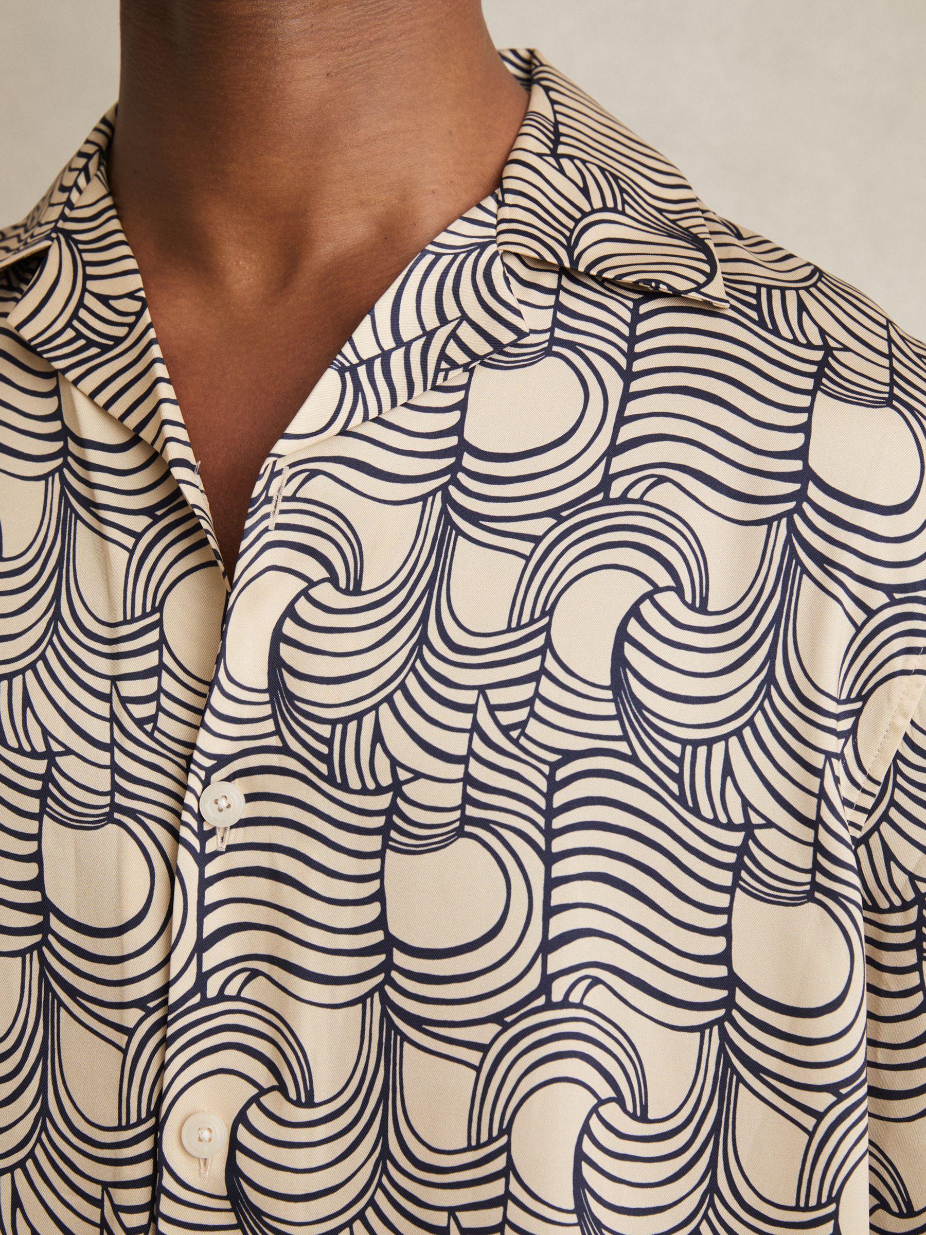 Wave Print Cuban Collar Shirt in Off White/Navy Product Image