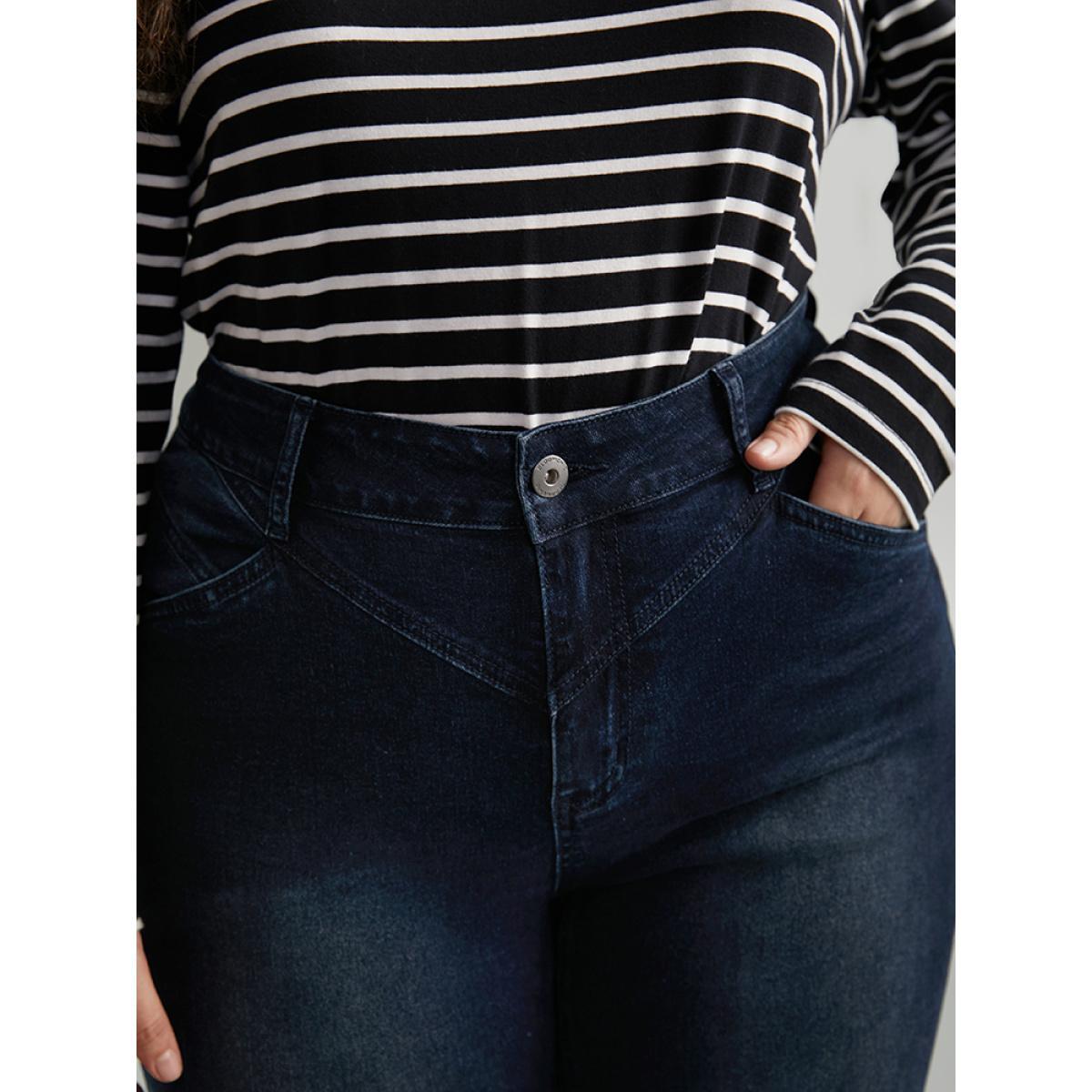 Plus Size Flare Leg Very Stretchy Pleated Patchwork Jeans Women Midnight Casual Plain Plain High stretch Pocket Jeans BloomChic 16/1X Product Image
